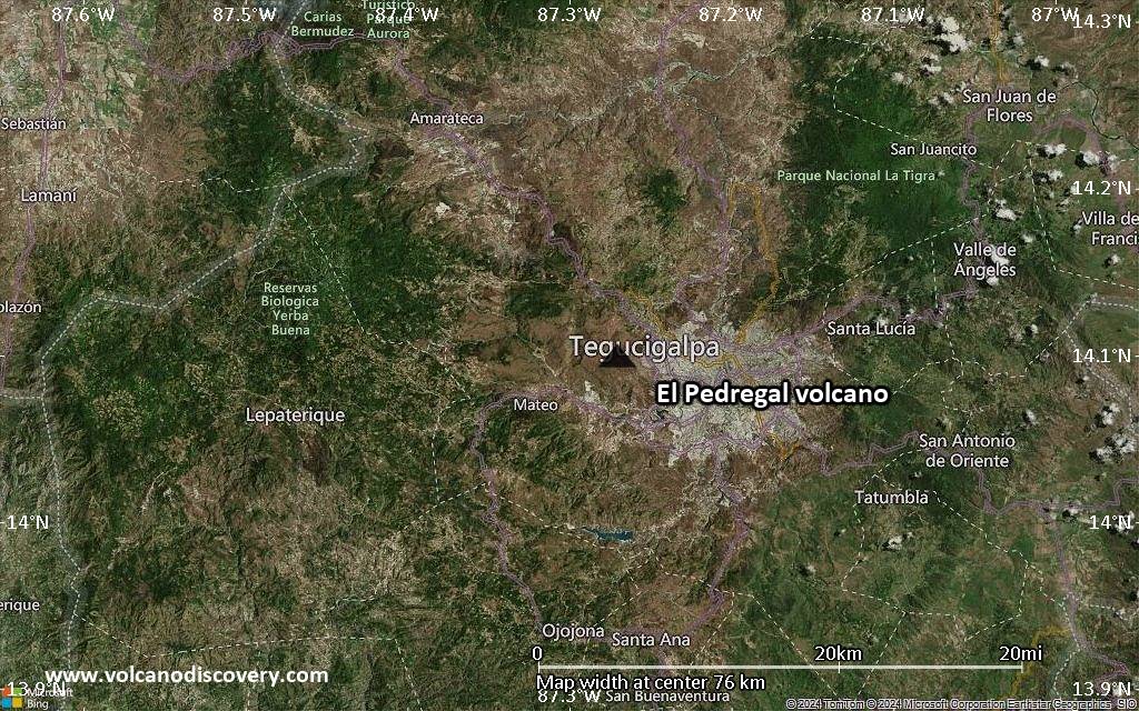 Satellite/aerial-type map of El Pedregal volcano (scale of 10s of km)