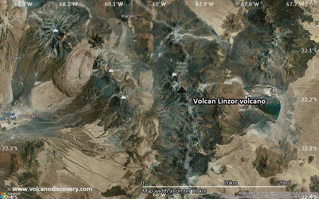 Satellite/aerial-type map of Volcan Linzor volcano (scale of 10s of km)