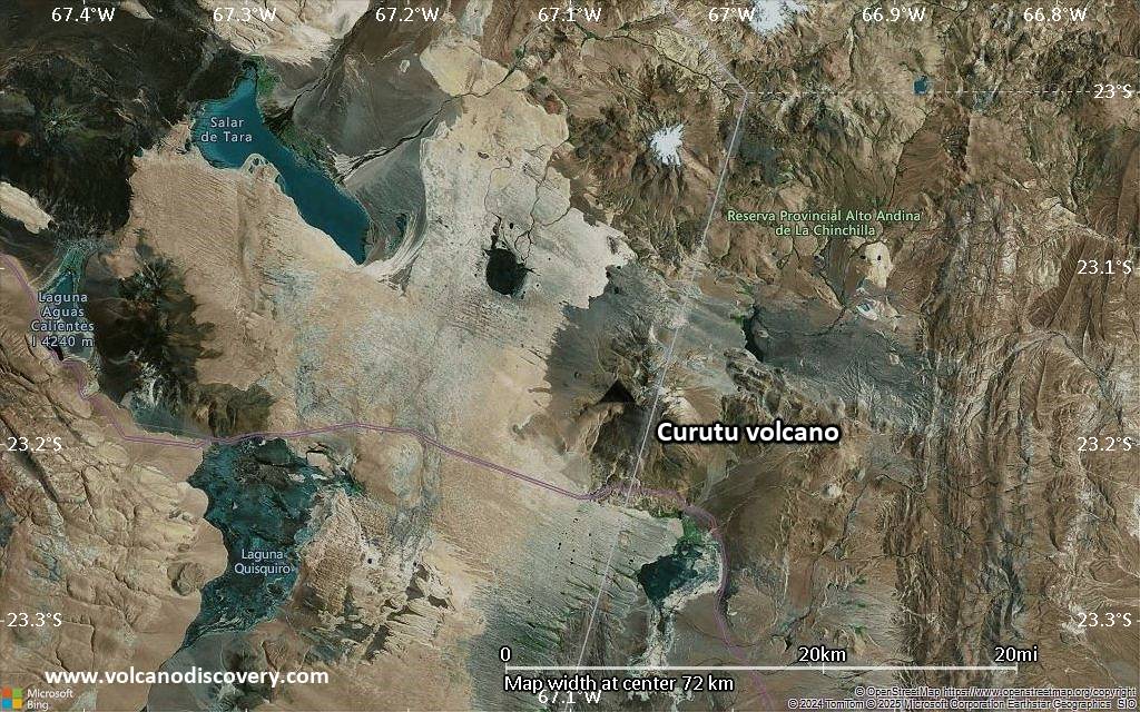 Satellite/aerial-type map of Curutu volcano (scale of 10s of km)