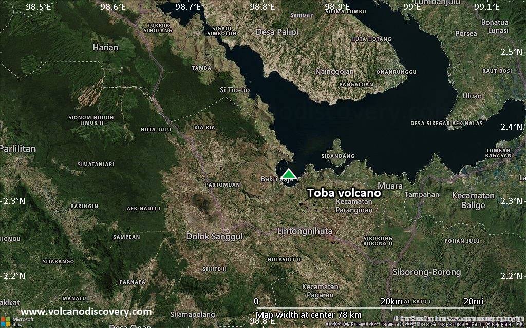 Satellite/aerial-type map of Toba volcano (scale of 10s of km)