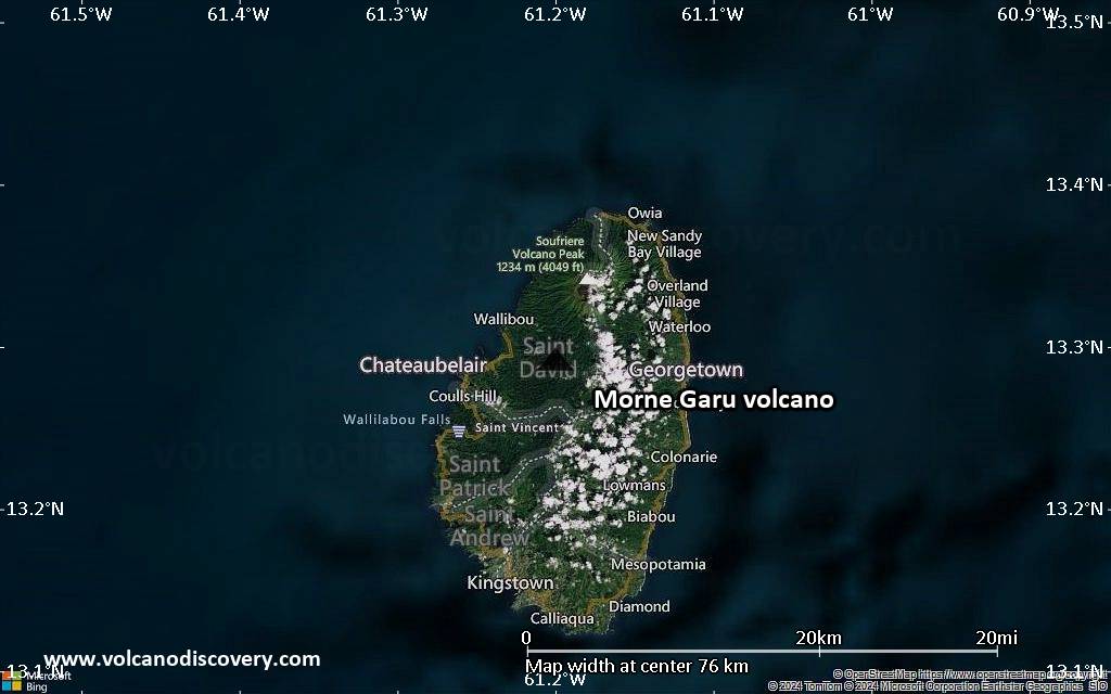 Satellite/aerial-type map of Morne Garu volcano (scale of 10s of km)