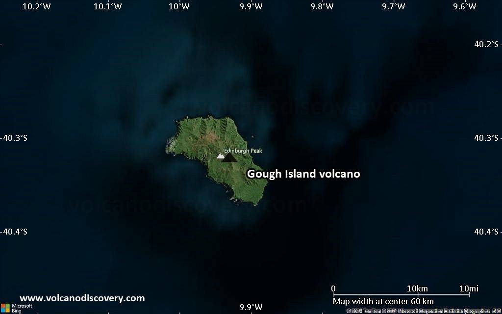 Satellite/aerial-type map of Gough Island volcano (scale of 10s of km)