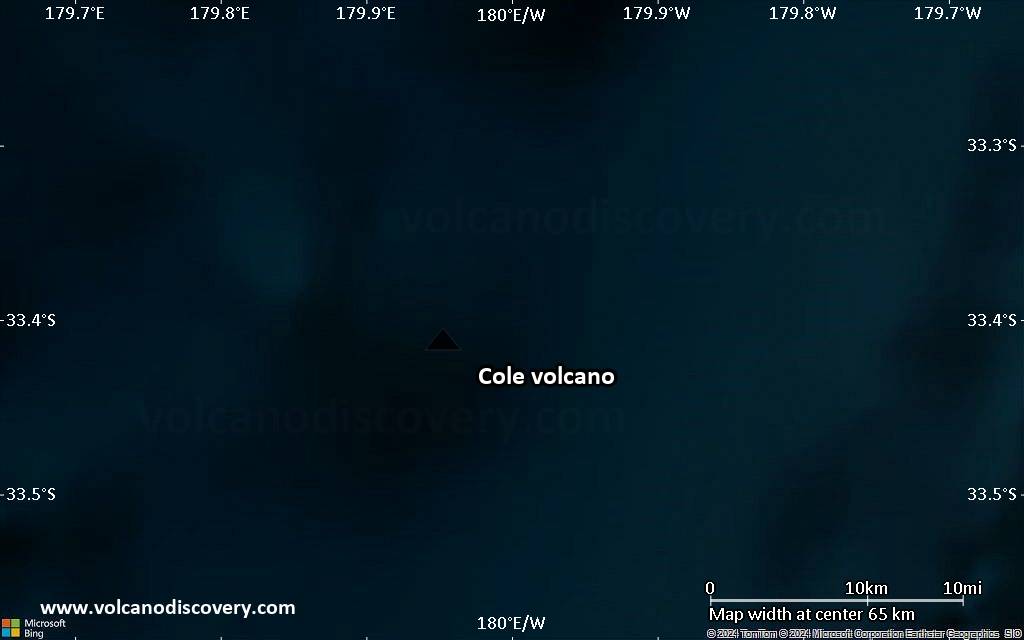 Satellite/aerial-type map of Cole volcano (scale of 10s of km)
