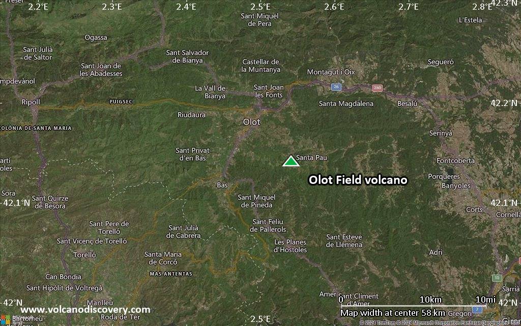 Satellite/aerial-type map of Olot Field volcano (scale of 10s of km)