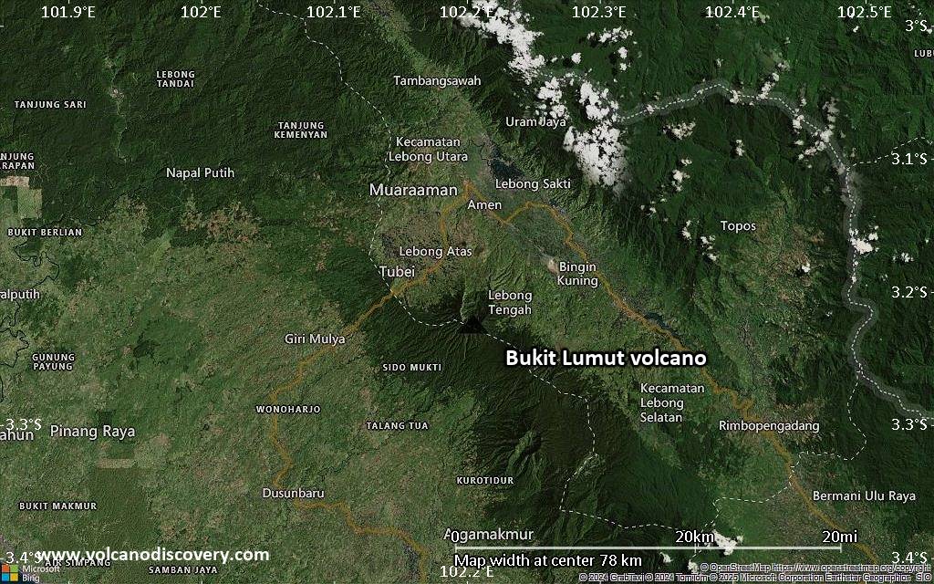Satellite/aerial-type map of Bukit Lumut volcano (scale of 10s of km)