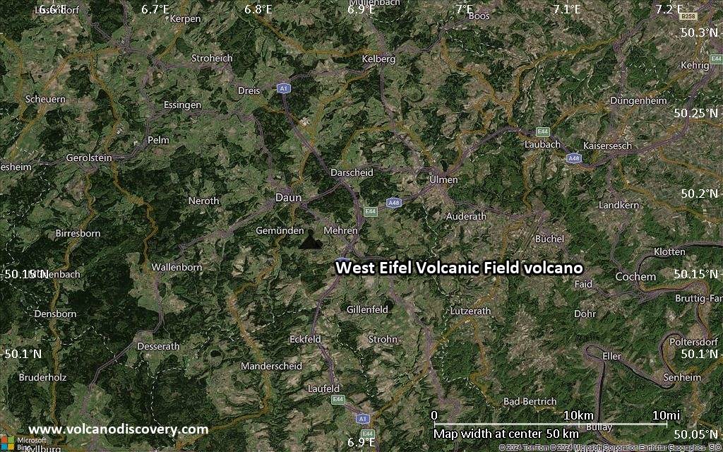 Satellite/aerial-type map of West Eifel Volcanic Field volcano (scale of 10s of km)