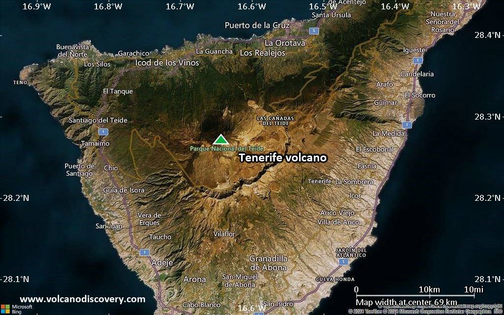 Satellite/aerial-type map of Tenerife volcano (scale of 10s of km)