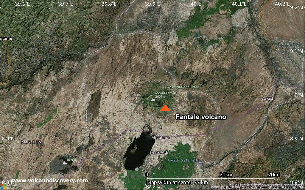 Satellite/aerial-type map of Fantale volcano (scale of 10s of km)