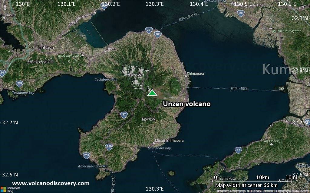 Satellite/aerial-type map of Unzen volcano (scale of 10s of km)