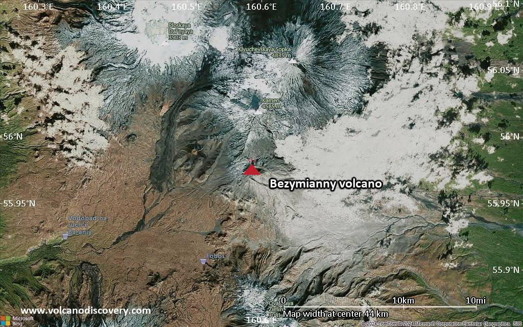 Satellite/aerial-type map of Bezymianny volcano (scale of 10s of km)