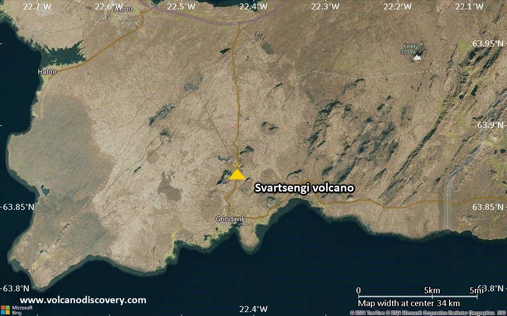 Satellite/aerial-type map of Svartsengi volcano (scale of 10s of km)