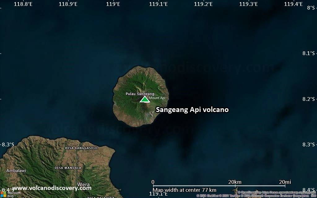 Satellite/aerial-type map of Sangeang Api volcano (scale of 10s of km)