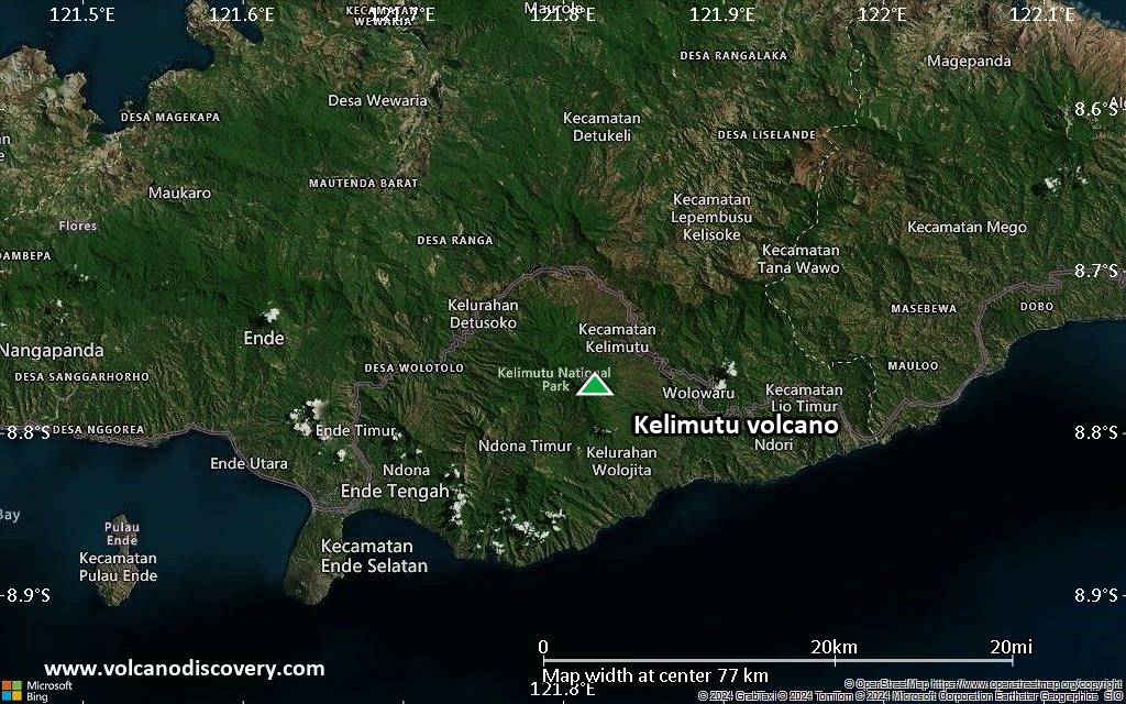 Satellite/aerial-type map of Kelimutu volcano (scale of 10s of km)
