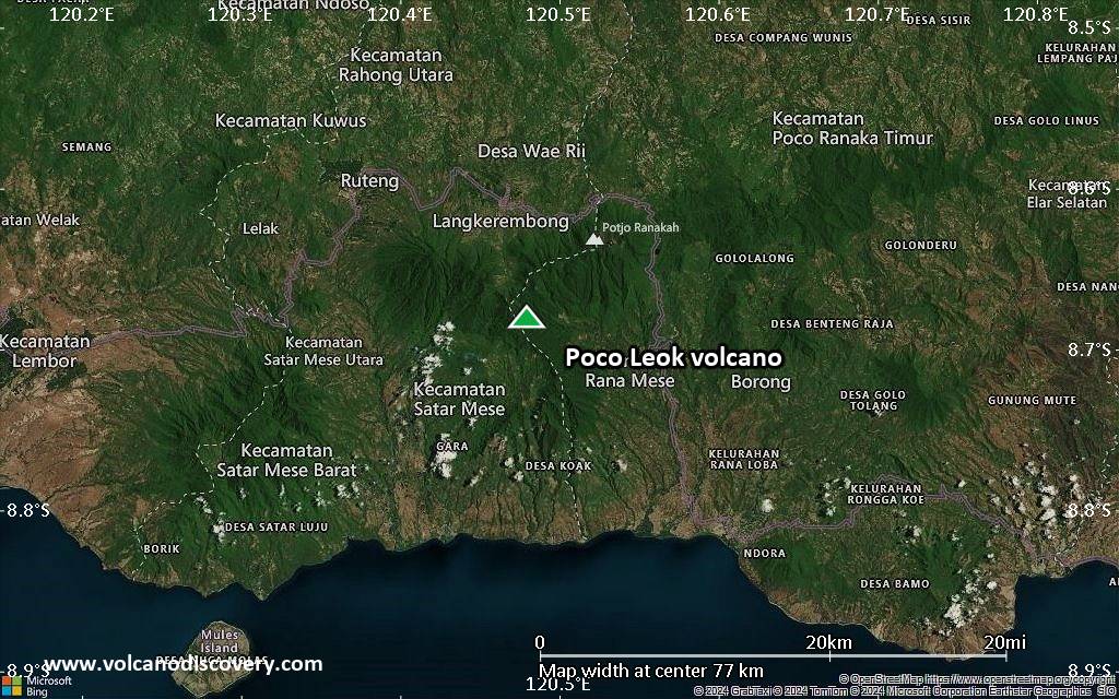 Satellite/aerial-type map of Poco Leok volcano (scale of 10s of km)