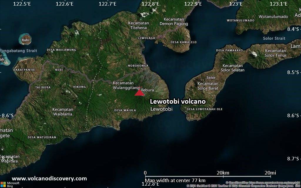 Satellite/aerial-type map of Lewotobi volcano (scale of 10s of km)