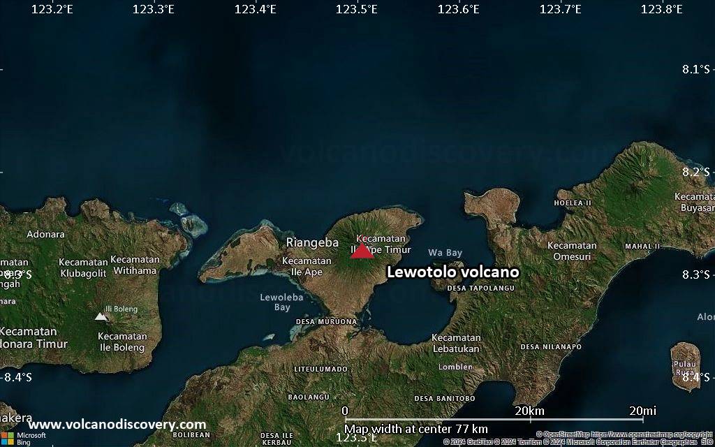 Satellite/aerial-type map of Lewotolo volcano (scale of 10s of km)