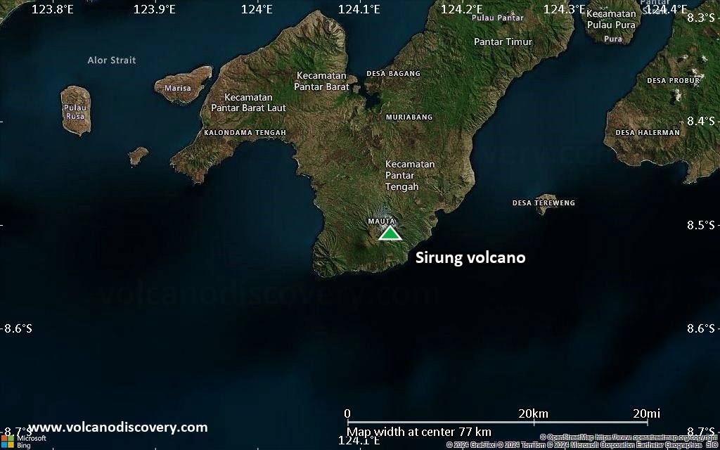 Satellite/aerial-type map of Sirung volcano (scale of 10s of km)