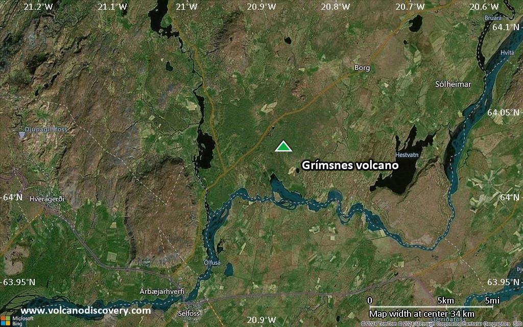 Satellite/aerial-type map of Grímsnes volcano (scale of 10s of km)