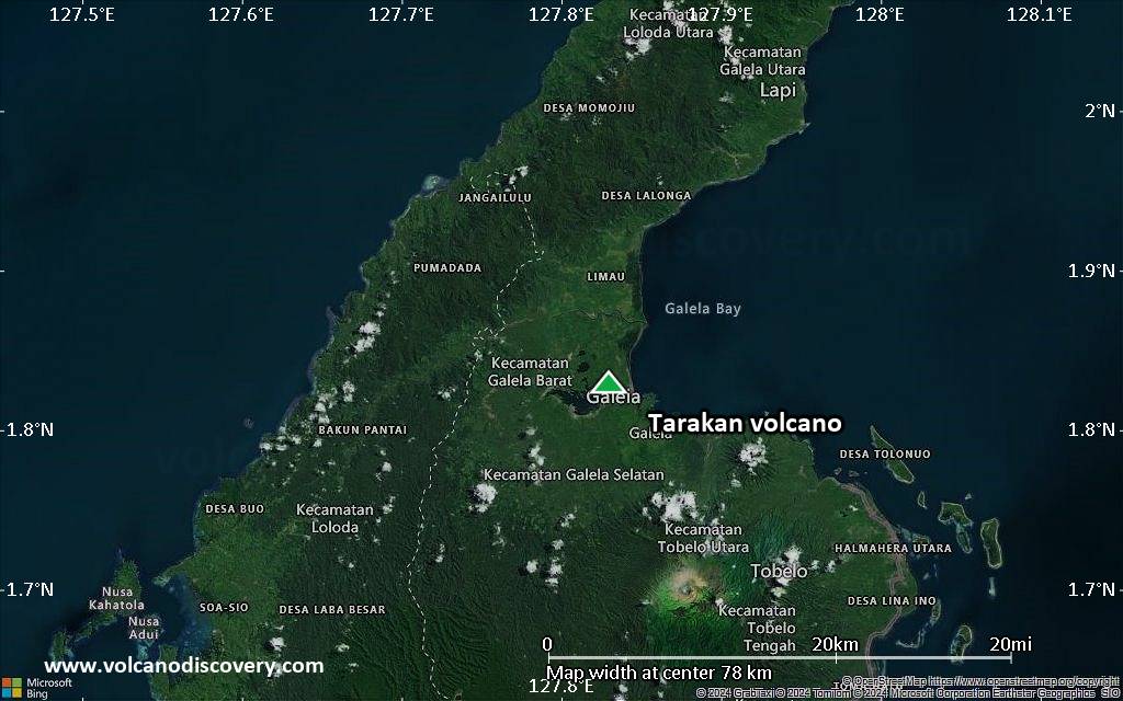 Satellite/aerial-type map of Tarakan volcano (scale of 10s of km)