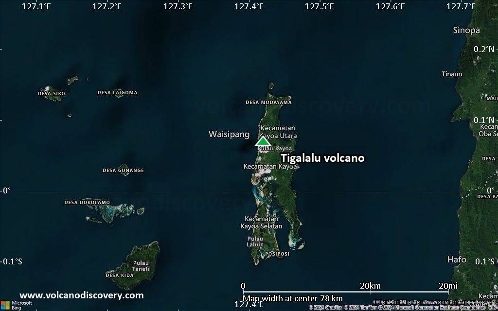 Satellite/aerial-type map of Tigalalu volcano (scale of 10s of km)