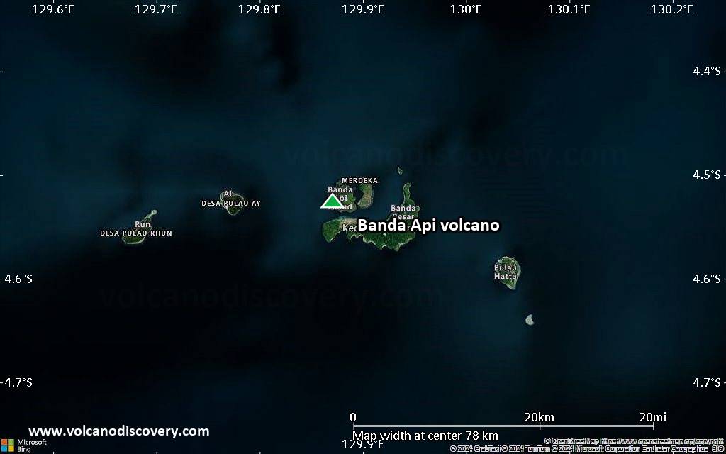 Satellite/aerial-type map of Banda Api volcano (scale of 10s of km)