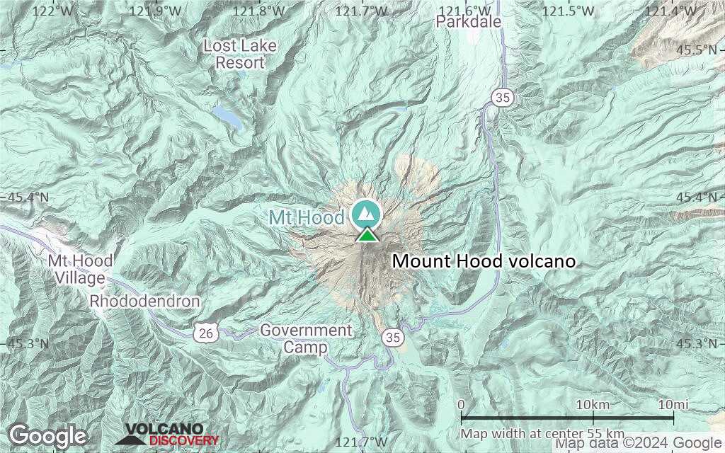 Terrain-type map of Mount Hood volcano (scale of 10s of km)