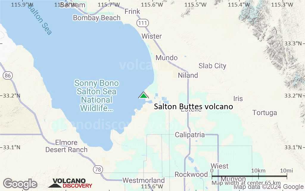 Terrain-type map of Salton Buttes volcano (scale of 10s of km)