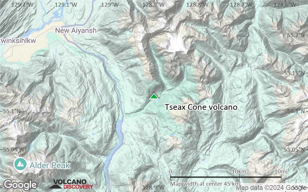 Terrain-type map of Tseax Cone volcano (scale of 10s of km)
