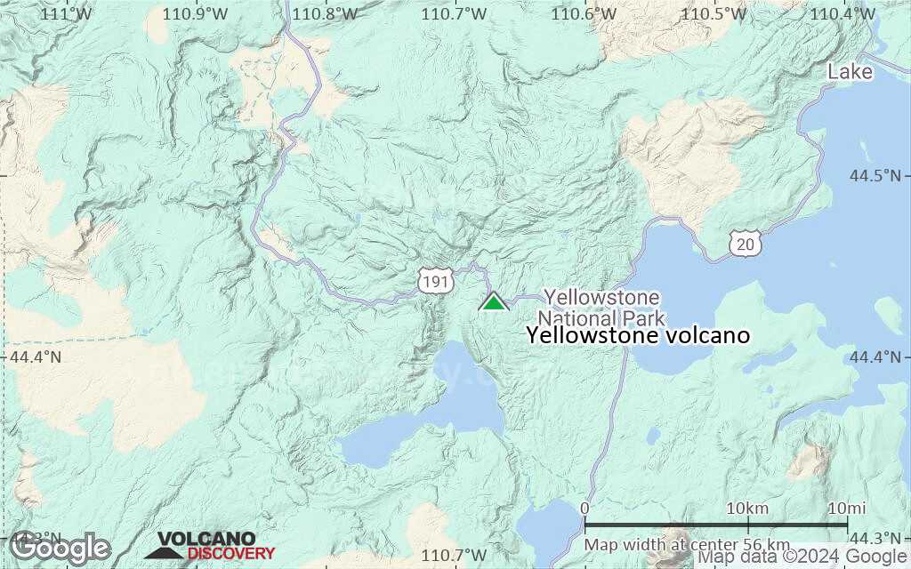 Terrain-type map of Yellowstone volcano (scale of 10s of km)