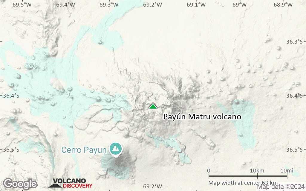 Terrain-type map of Payún Matru volcano (scale of 10s of km)
