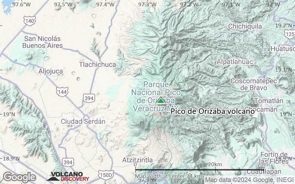 Terrain-type map of Pico de Orizaba volcano (scale of 10s of km)