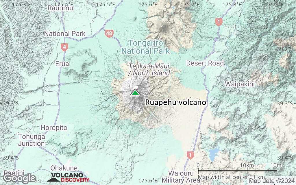 Terrain-type map of Ruapehu volcano (scale of 10s of km)
