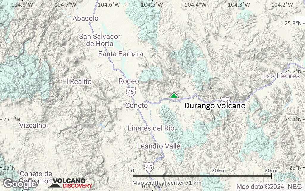 Terrain-type map of Durango volcano (scale of 10s of km)