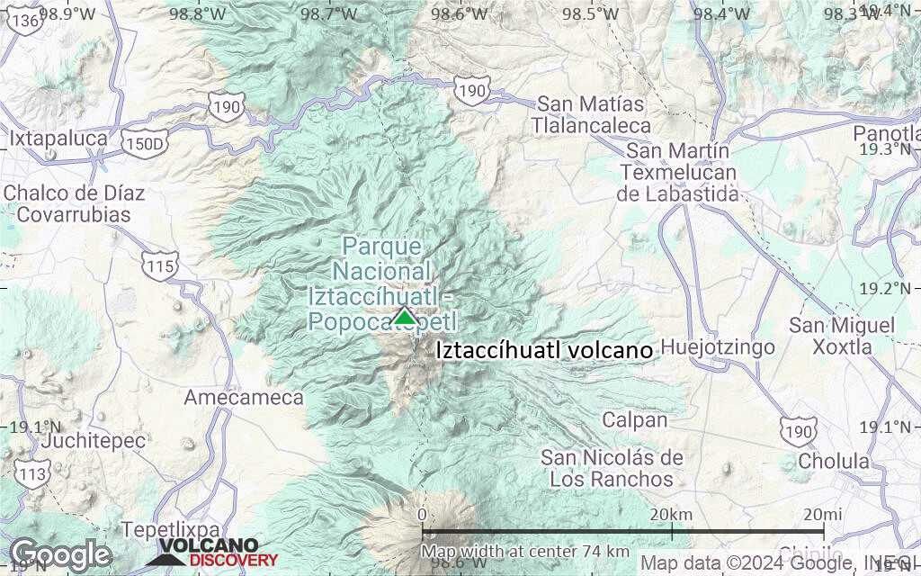Terrain-type map of Iztaccíhuatl volcano (scale of 10s of km)