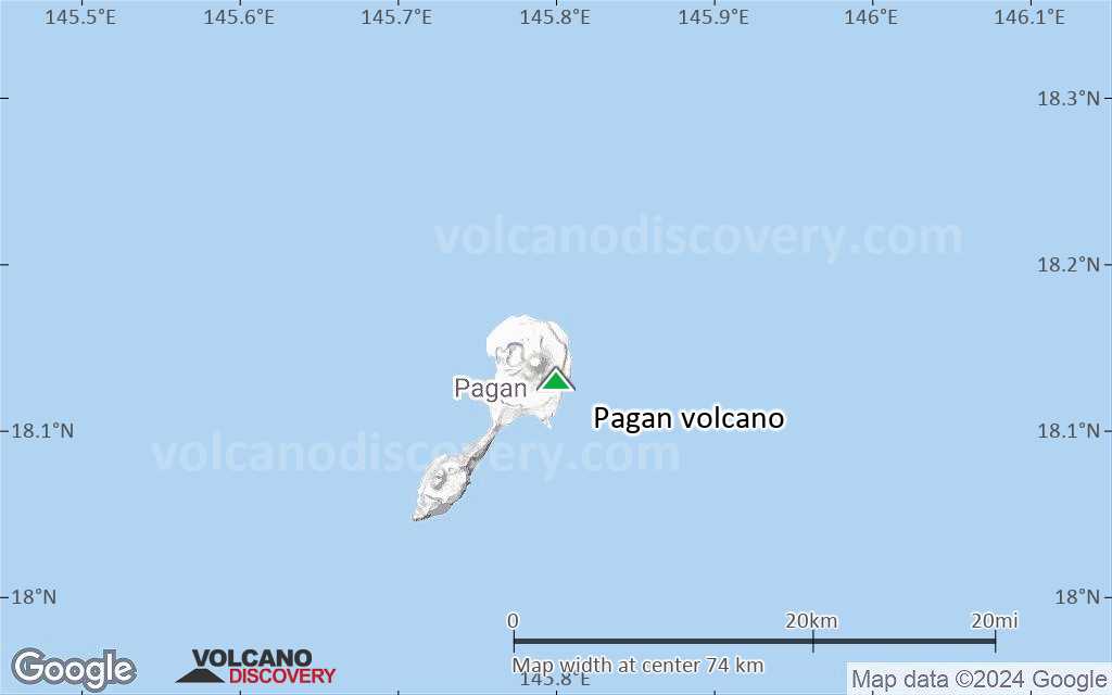 Terrain-type map of Pagan volcano (scale of 10s of km)