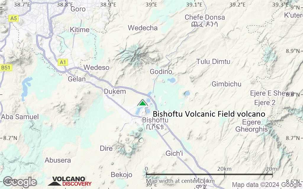 Terrain-type map of Bishoftu Volcanic Field volcano (scale of 10s of km)