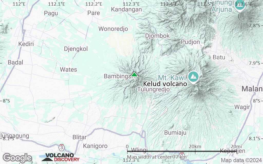 Terrain-type map of Kelud volcano (scale of 10s of km)