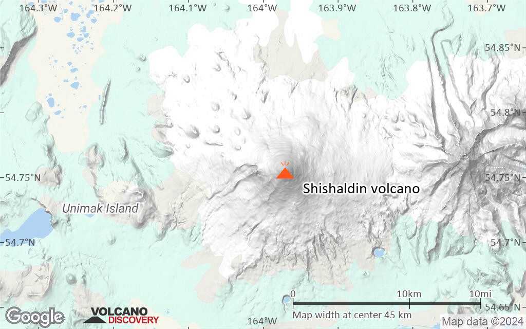 Terrain-type map of Shishaldin volcano (scale of 10s of km)