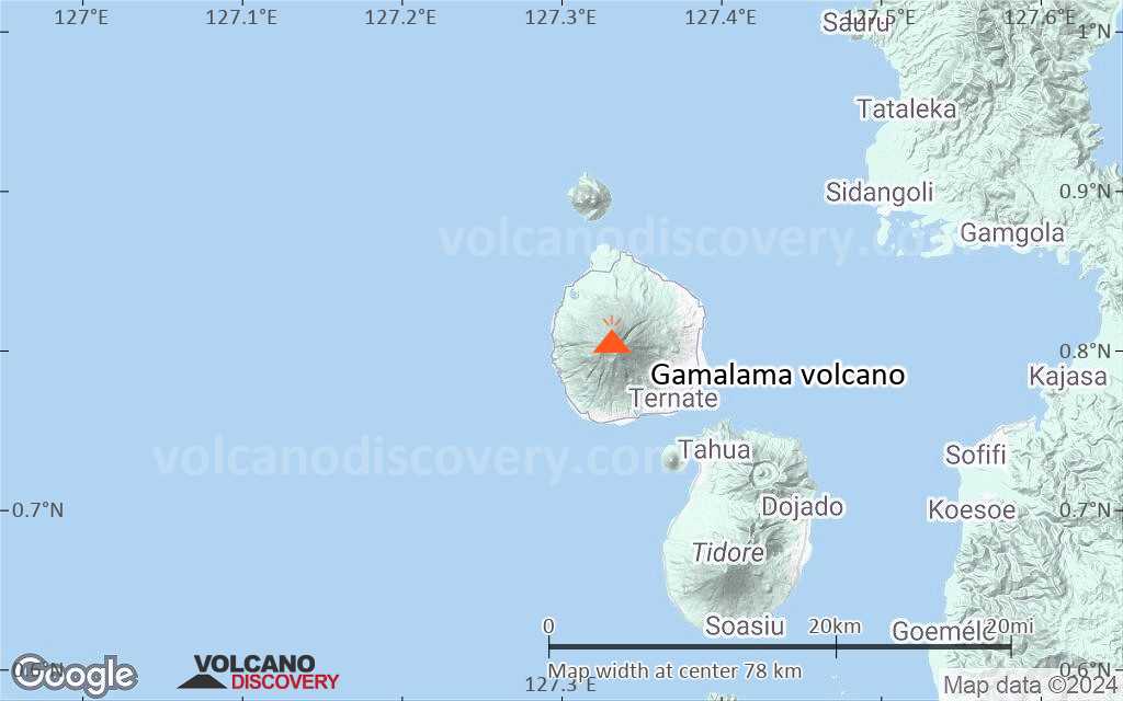 Terrain-type map of Gamalama volcano (scale of 10s of km)