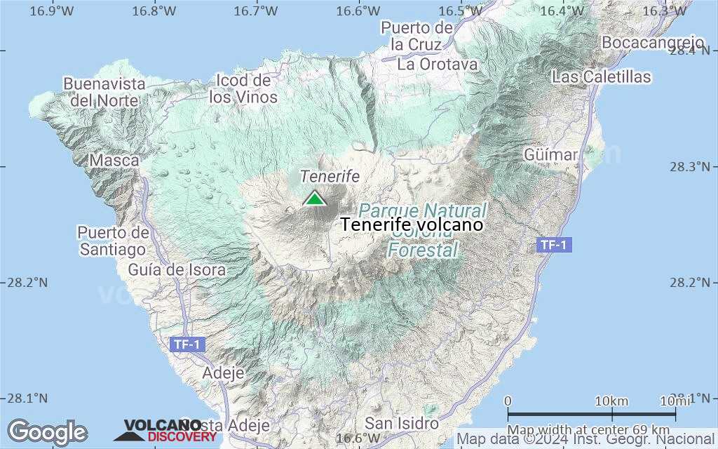 Terrain-type map of Tenerife volcano (scale of 10s of km)