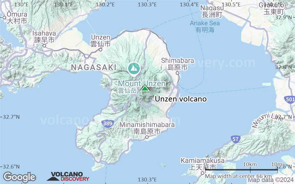 Terrain-type map of Unzen volcano (scale of 10s of km)
