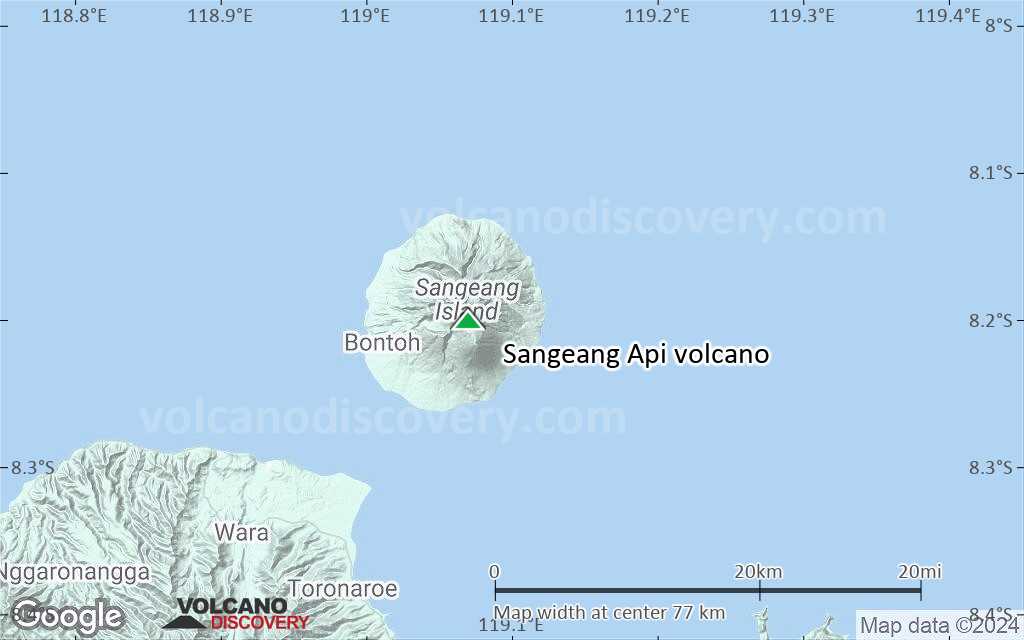 Terrain-type map of Sangeang Api volcano (scale of 10s of km)