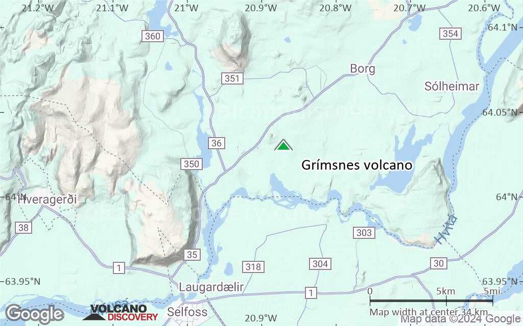 Terrain-type map of Grímsnes volcano (scale of 10s of km)