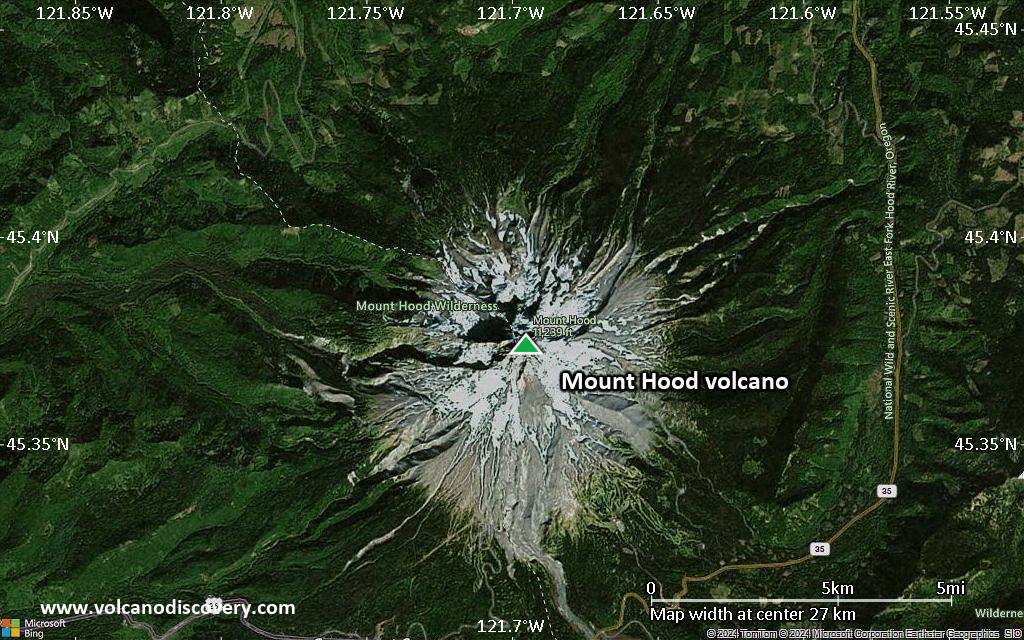 Satellite/aerial-type map of Mount Hood volcano (scale of 20-40 km)