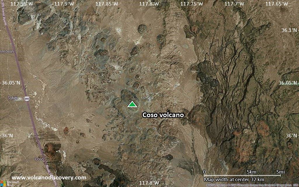 Satellite/aerial-type map of Coso volcano (scale of 20-40 km)
