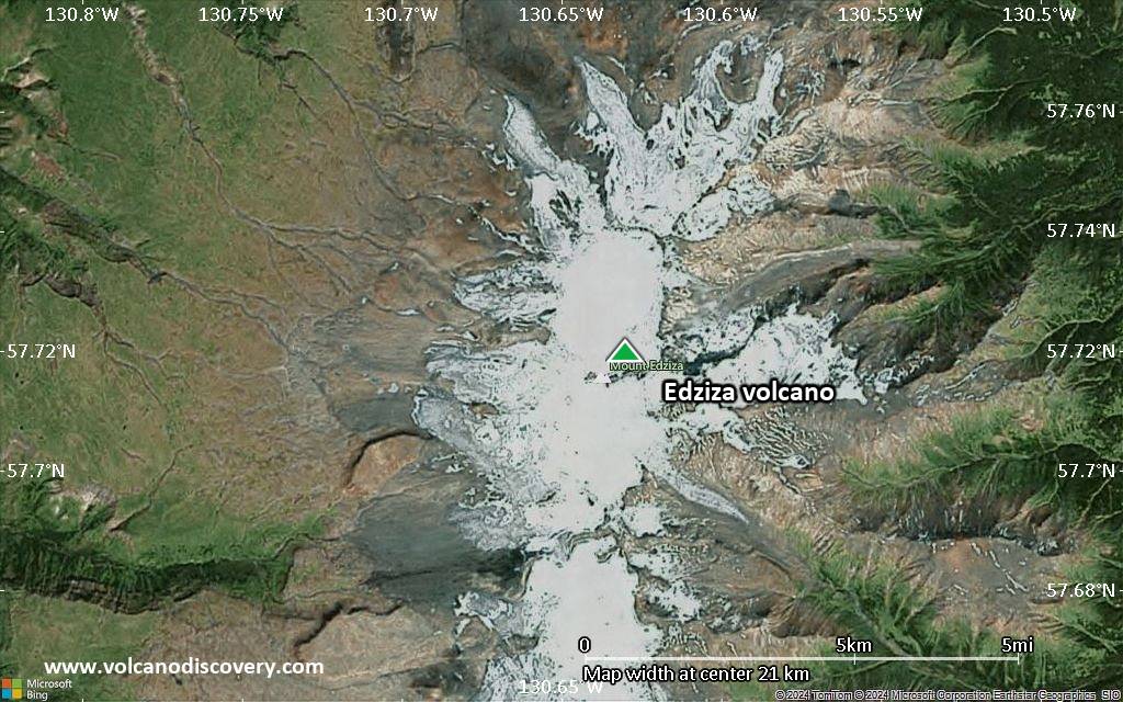Satellite/aerial-type map of Edziza volcano (scale of 20-40 km)