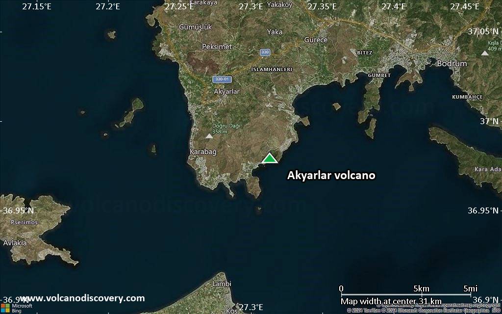 Satellite/aerial-type map of Akyarlar volcano (scale of 20-40 km)