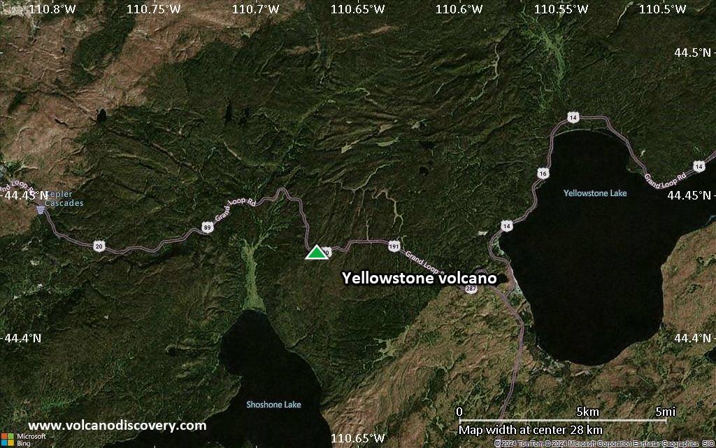 Satellite/aerial-type map of Yellowstone volcano (scale of 20-40 km)