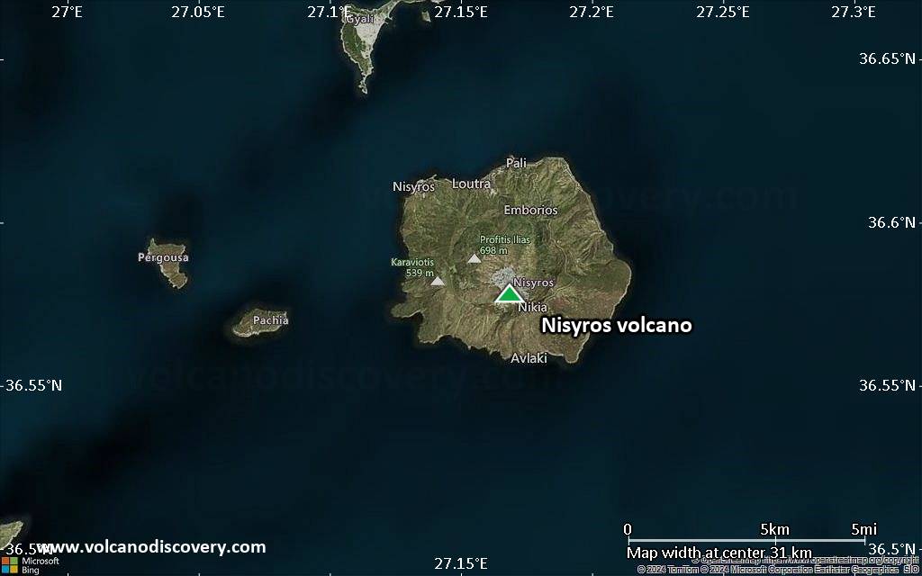 Satellite/aerial-type map of Nisyros volcano (scale of 20-40 km)
