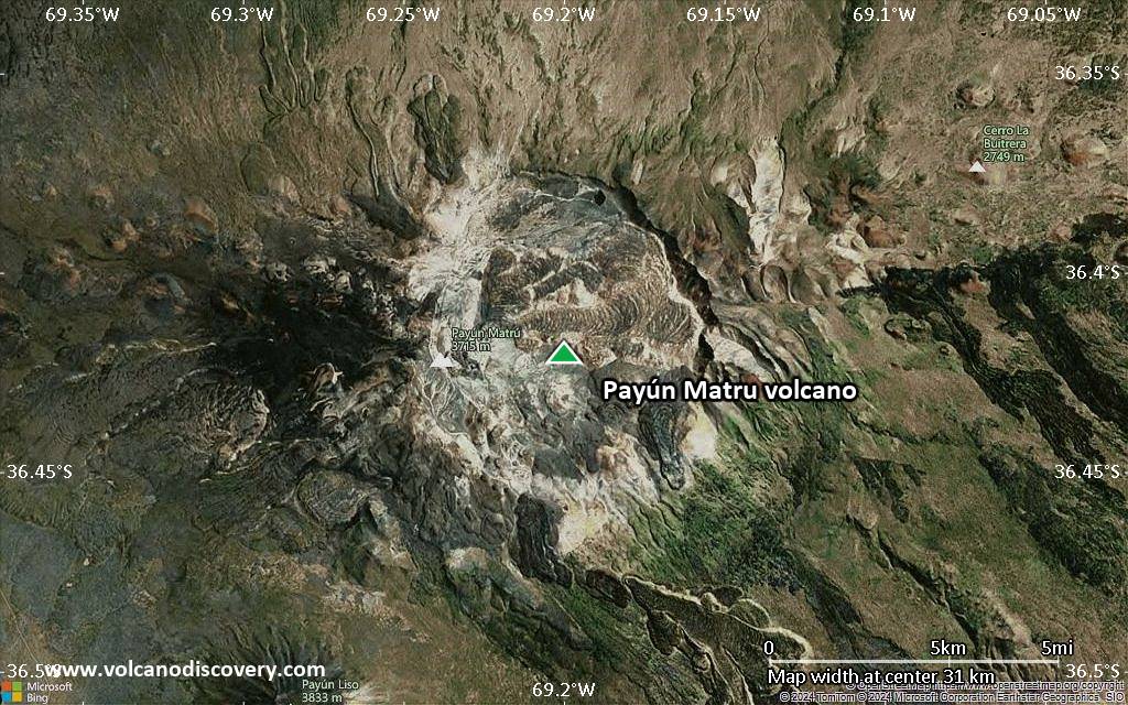 Satellite/aerial-type map of Payún Matru volcano (scale of 20-40 km)
